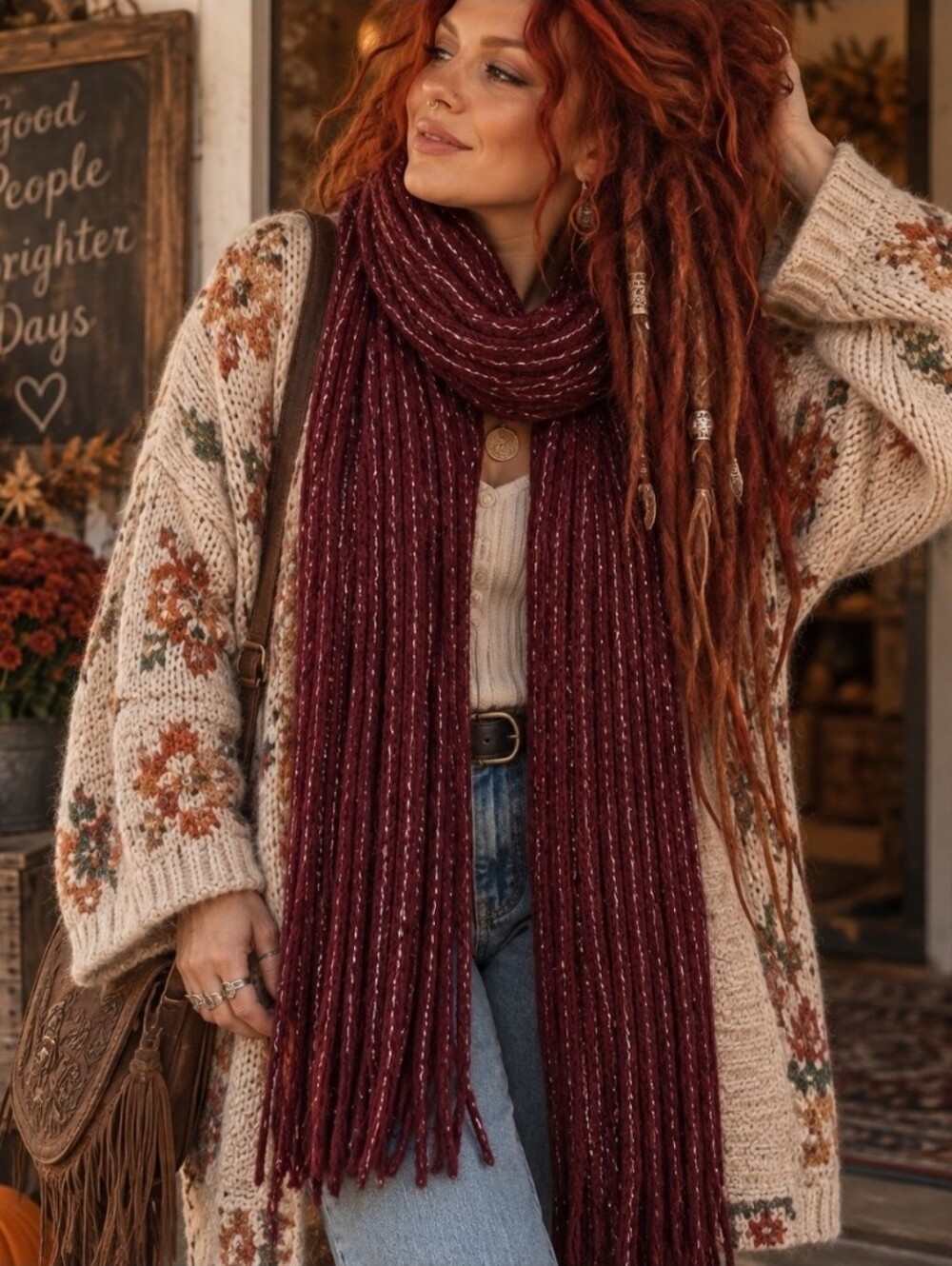 4/$15 Cato Burgundy Fringe Scarf 68" One Size Boho Fairycore Festival Metallic